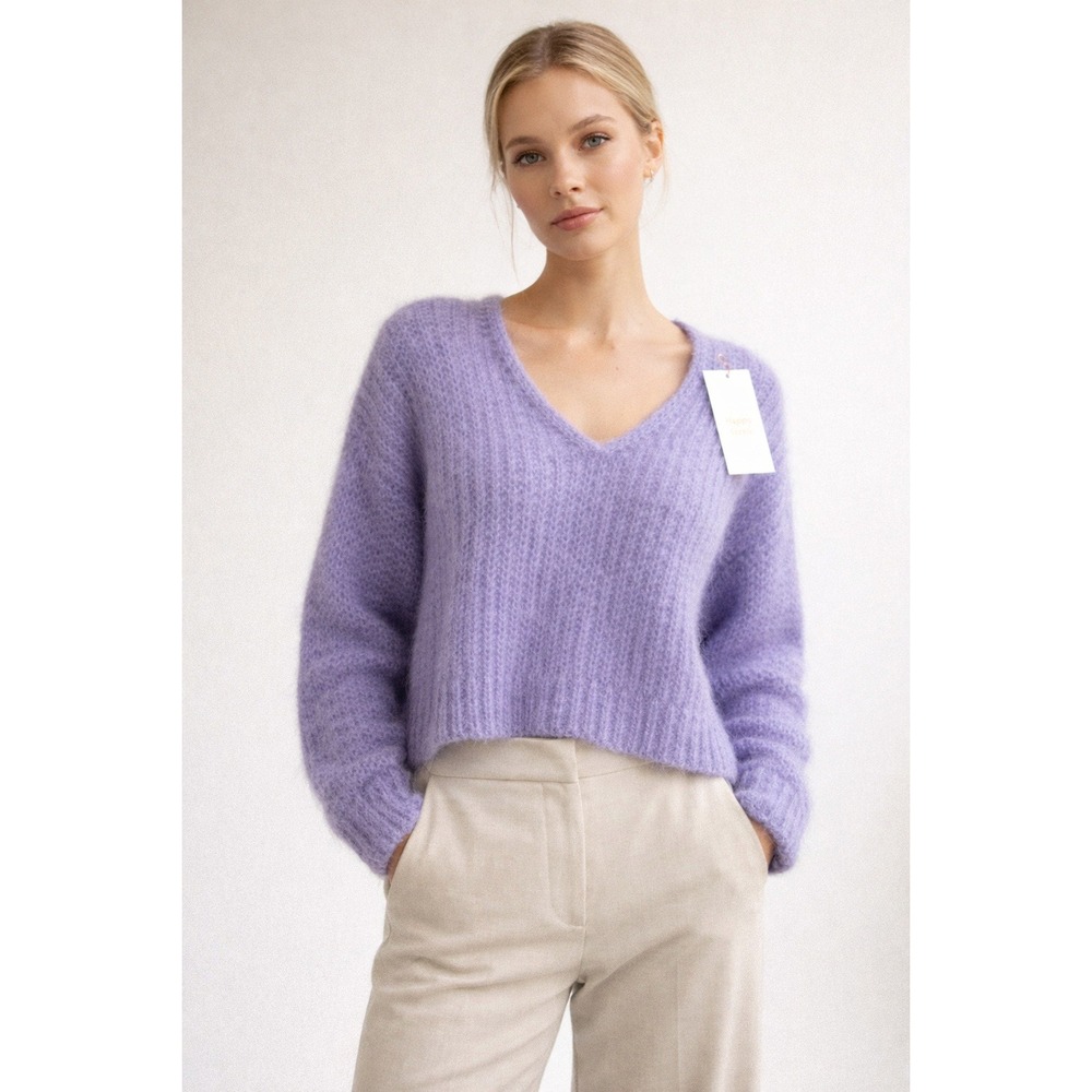 Happy Sheep Lavender Mohair Extra Fine Merino Wool‎ V-Neck Sweater Italy Large